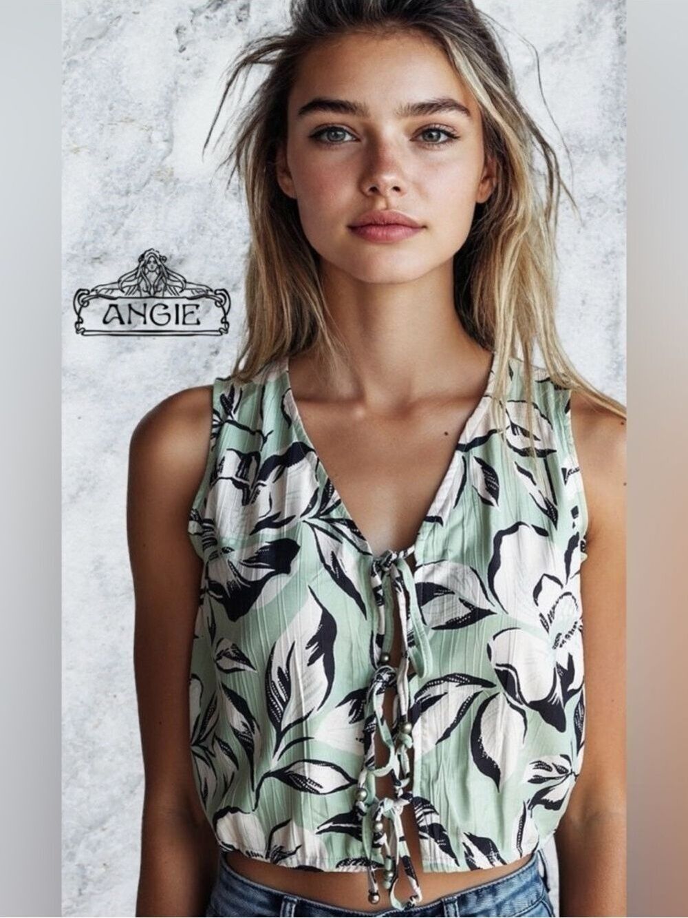 Angie Sage Floral Front Tie Vest Top 100% Rayon NWT $39